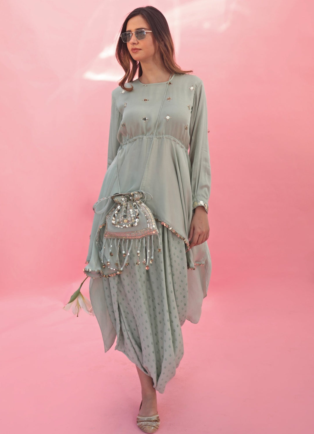 Pastel Green High - Low Asymmetric Top And Dhoti Skirt Set Prahnaaya - Fabilicious Fashion
