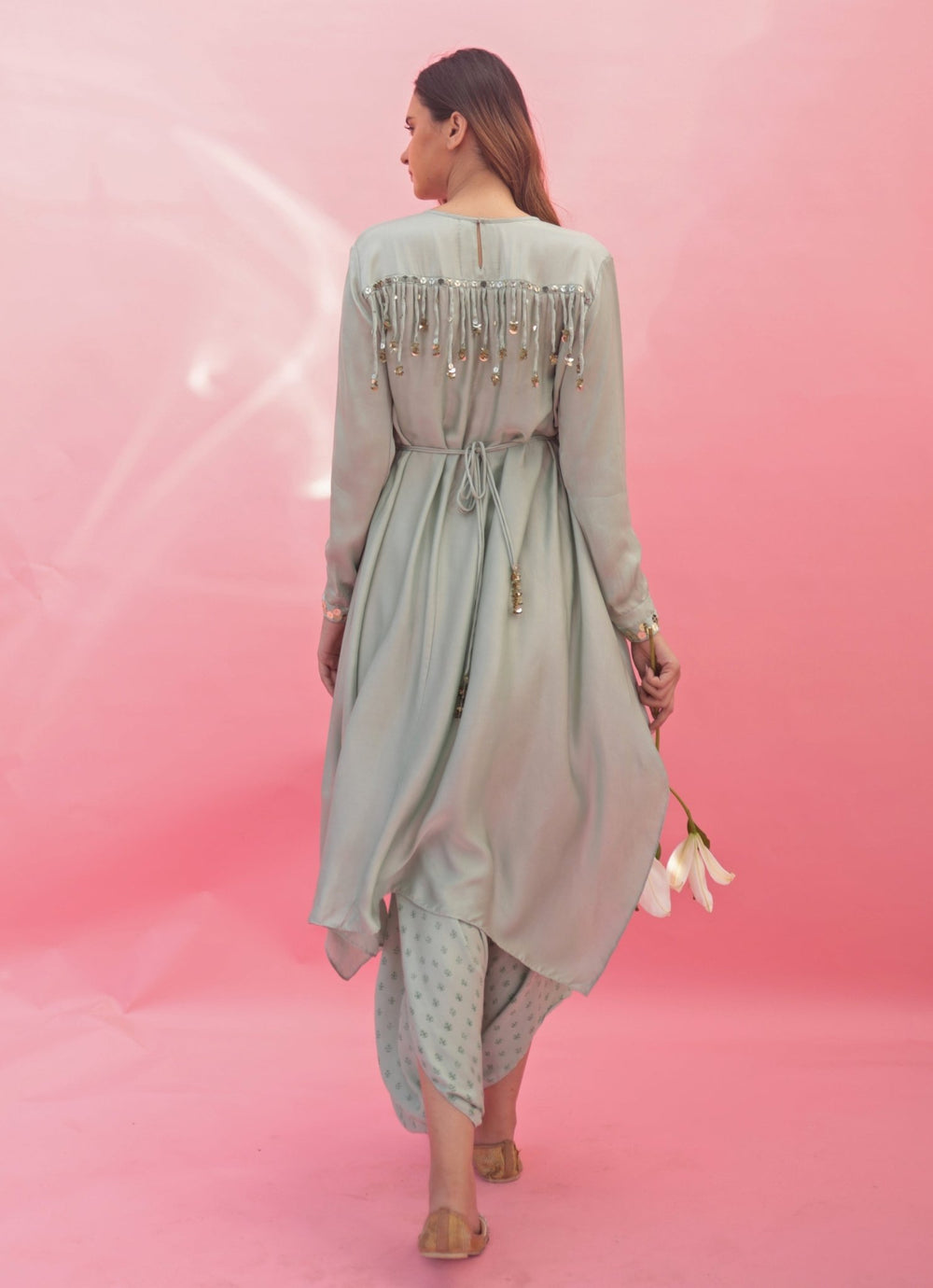 Pastel Green High - Low Asymmetric Top And Dhoti Skirt Set Prahnaaya - Fabilicious Fashion