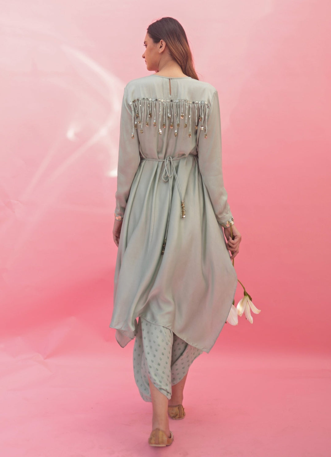 Pastel Green High - Low Asymmetric Top And Dhoti Skirt Set Prahnaaya - Fabilicious Fashion