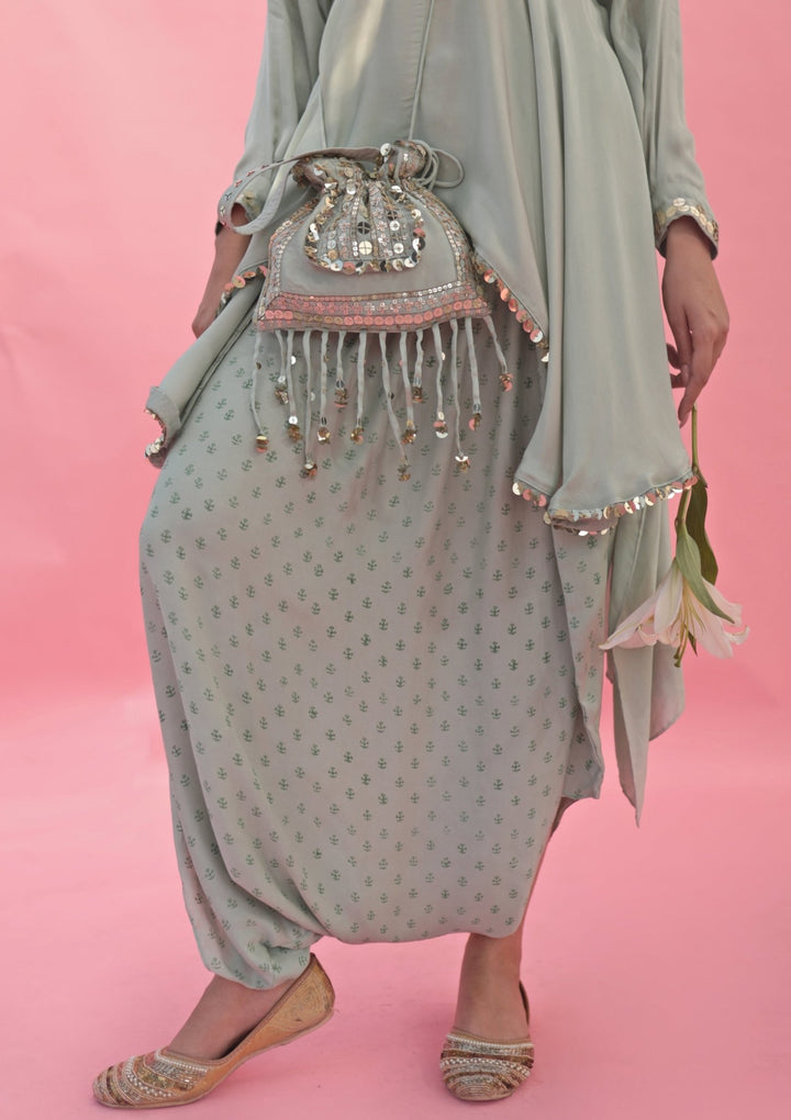 Pastel Green High - Low Asymmetric Top And Dhoti Skirt Set Prahnaaya - Fabilicious Fashion