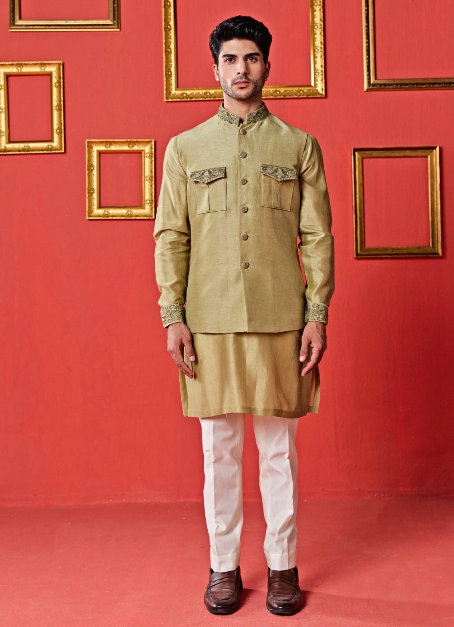 Studio Bagechaa - Men Pastel Green Linen Satin Nehru Jacket SetFabilicious Fashion