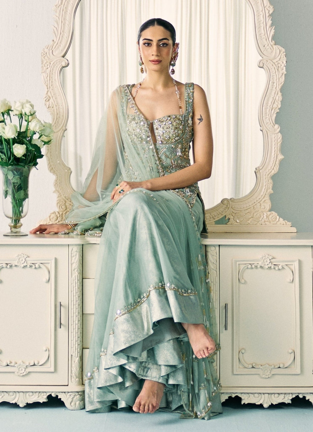 Sanya Gulati Pastel Green Organza Kurta Sharara SetFabilicious Fashion