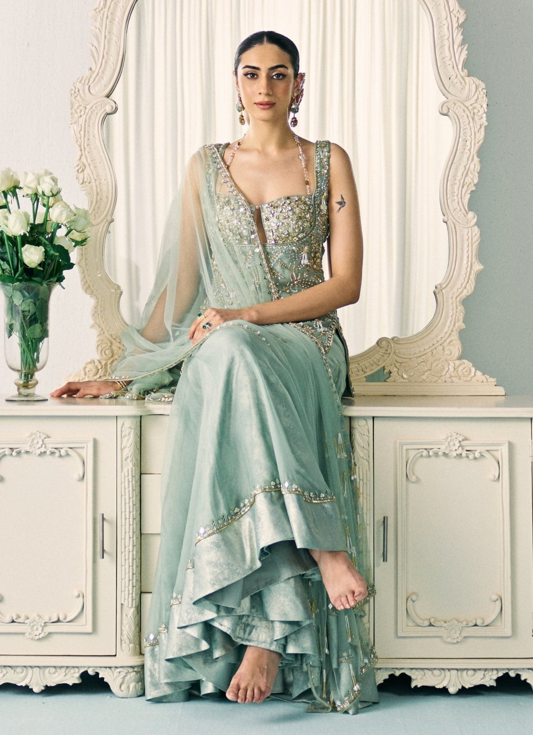 Sanya Gulati Pastel Green Organza Kurta Sharara SetFabilicious Fashion