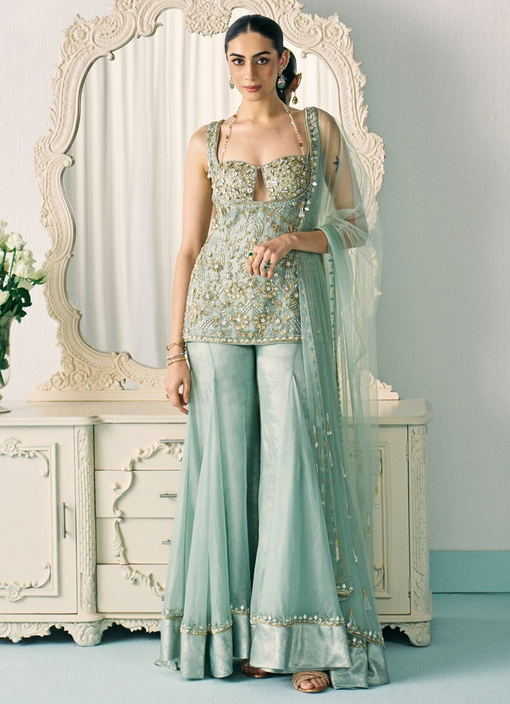 Sanya Gulati Pastel Green Organza Kurta Sharara SetFabilicious Fashion