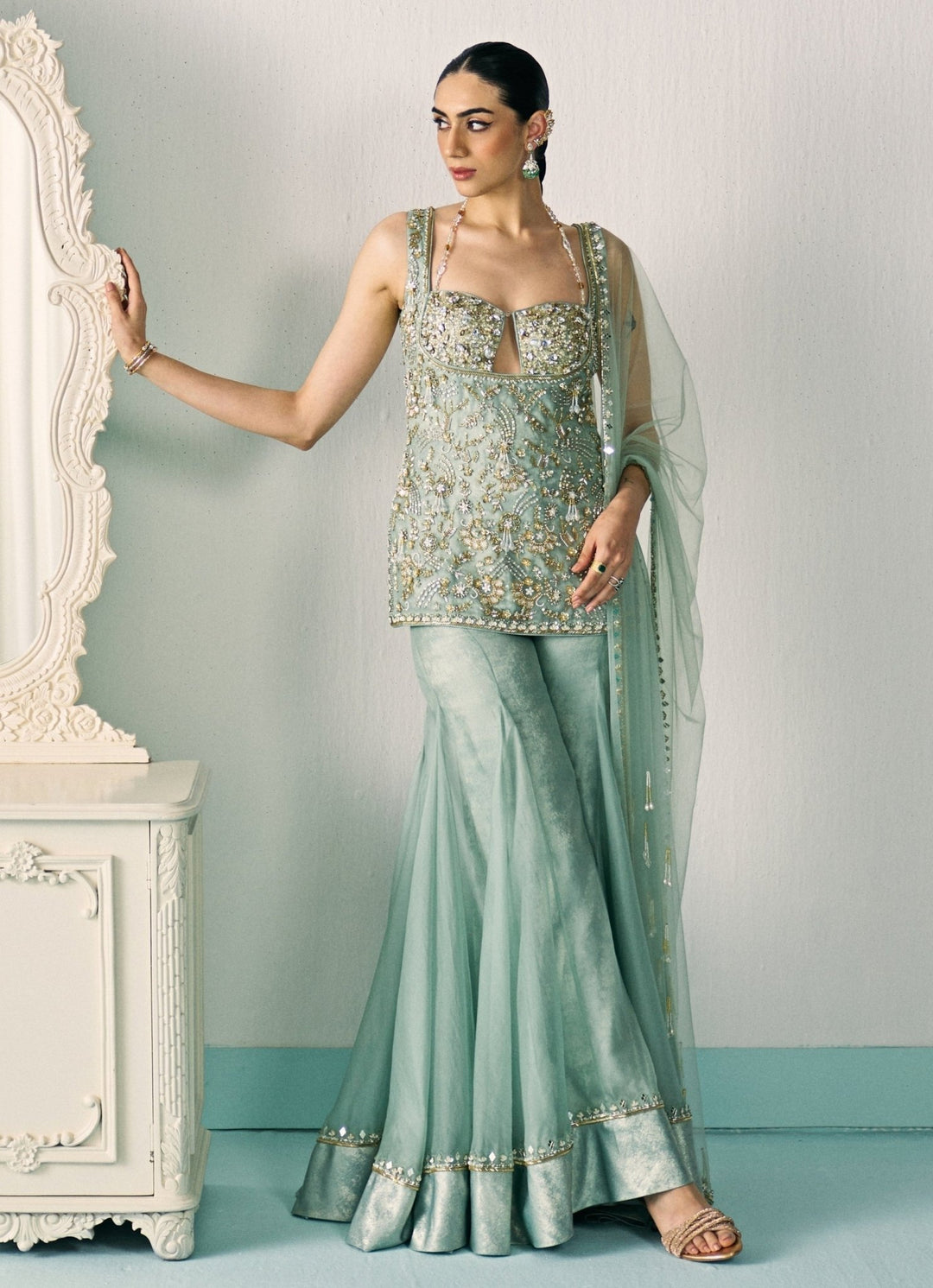 Sanya Gulati Pastel Green Organza Kurta Sharara SetFabilicious Fashion