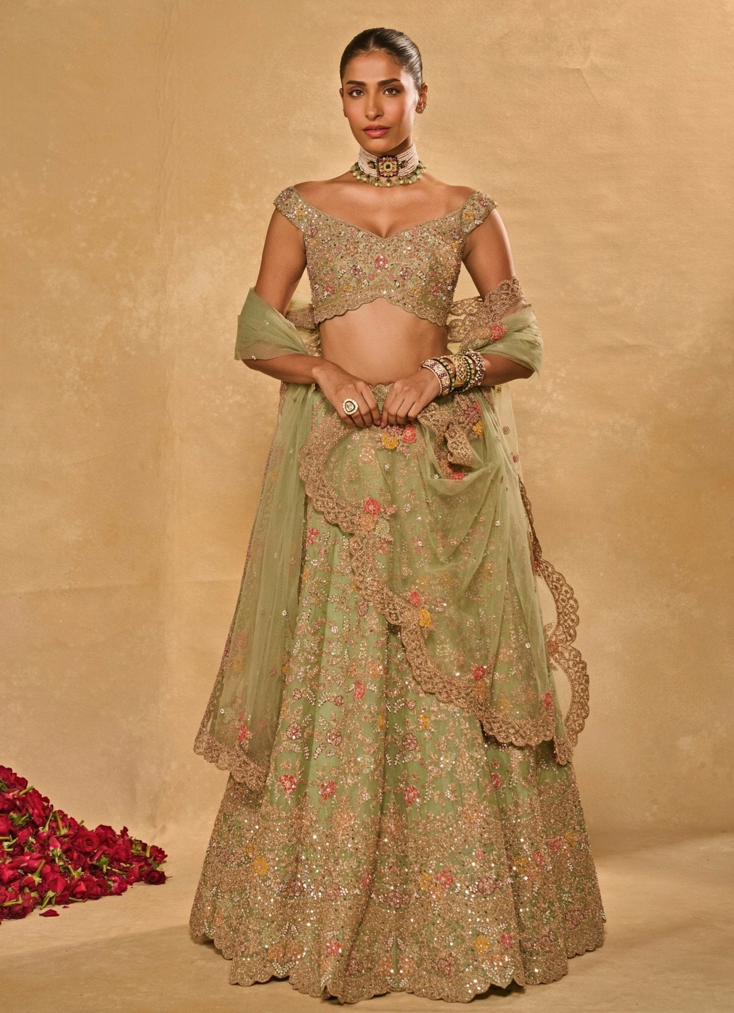 Pastel green organza wedding guest lehenga online