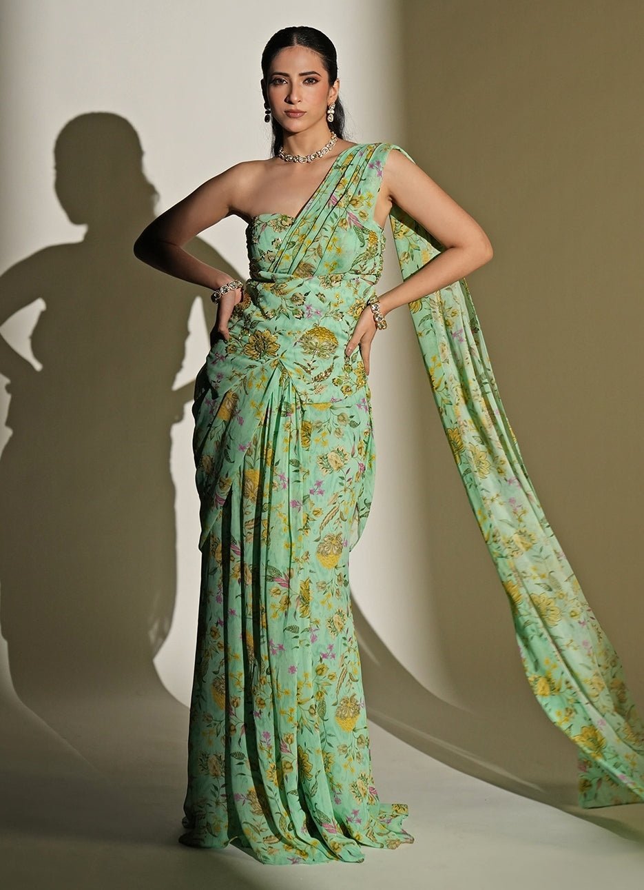 Pastel Green Printed Georgette Pre - Draped Saree Set Kiyohra - Fabilicious Fashion
