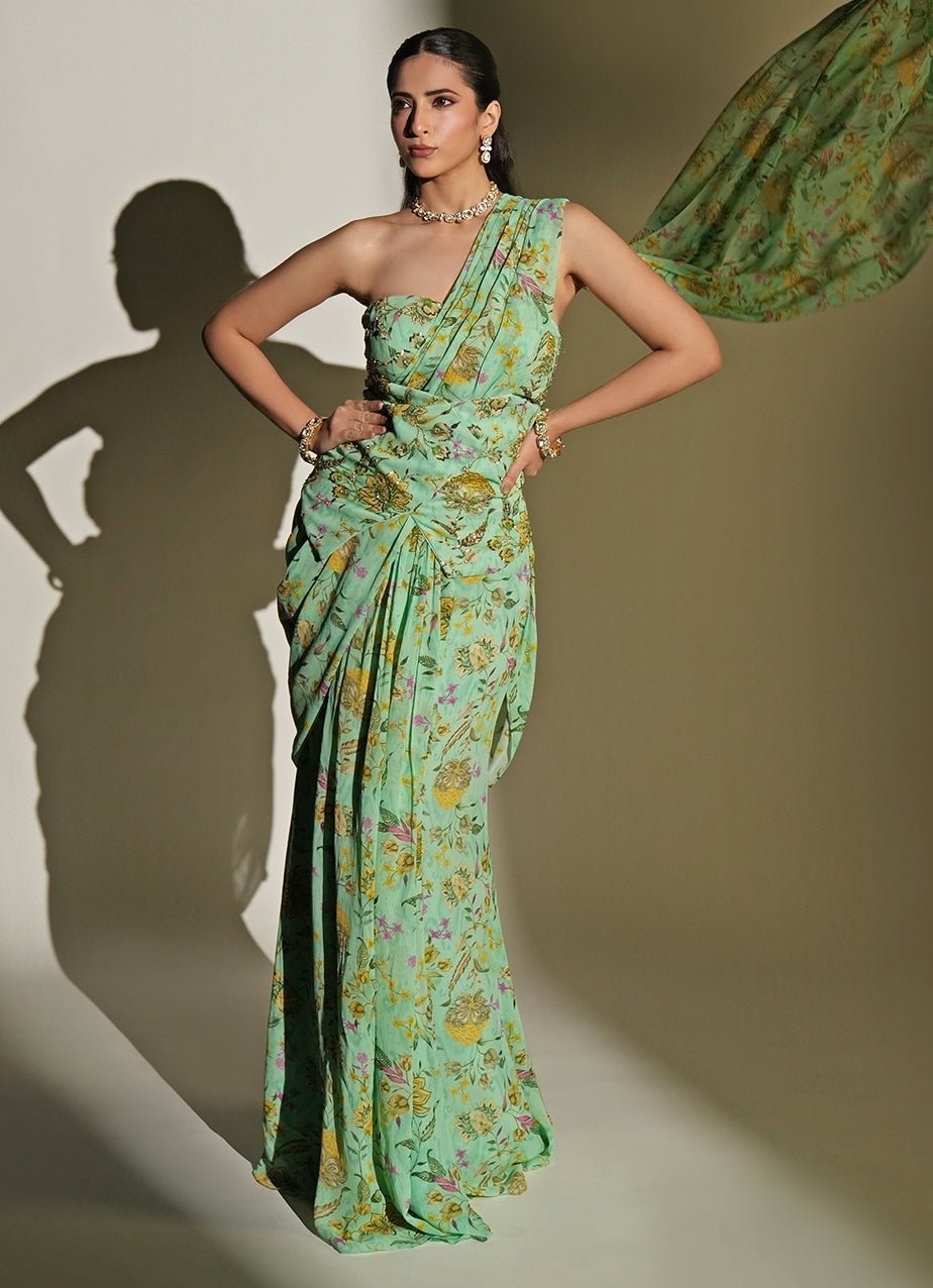 Pastel Green Printed Georgette Pre - Draped Saree Set Kiyohra - Fabilicious Fashion