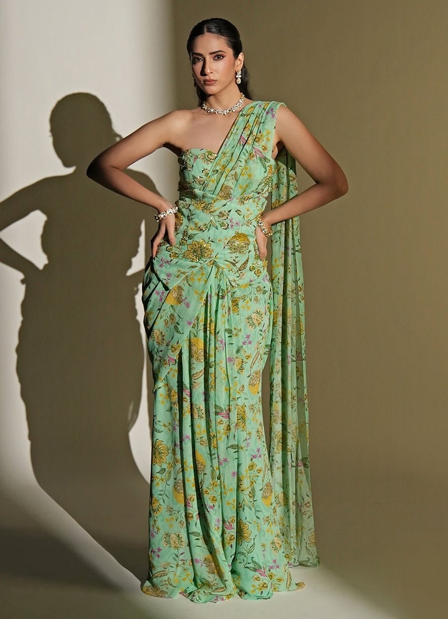 Pastel Green Printed Georgette Pre - Draped Saree Set Kiyohra - Fabilicious Fashion