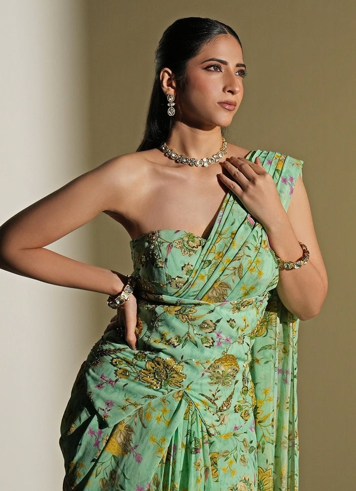 Pastel Green Printed Georgette Pre - Draped Saree Set Kiyohra - Fabilicious Fashion