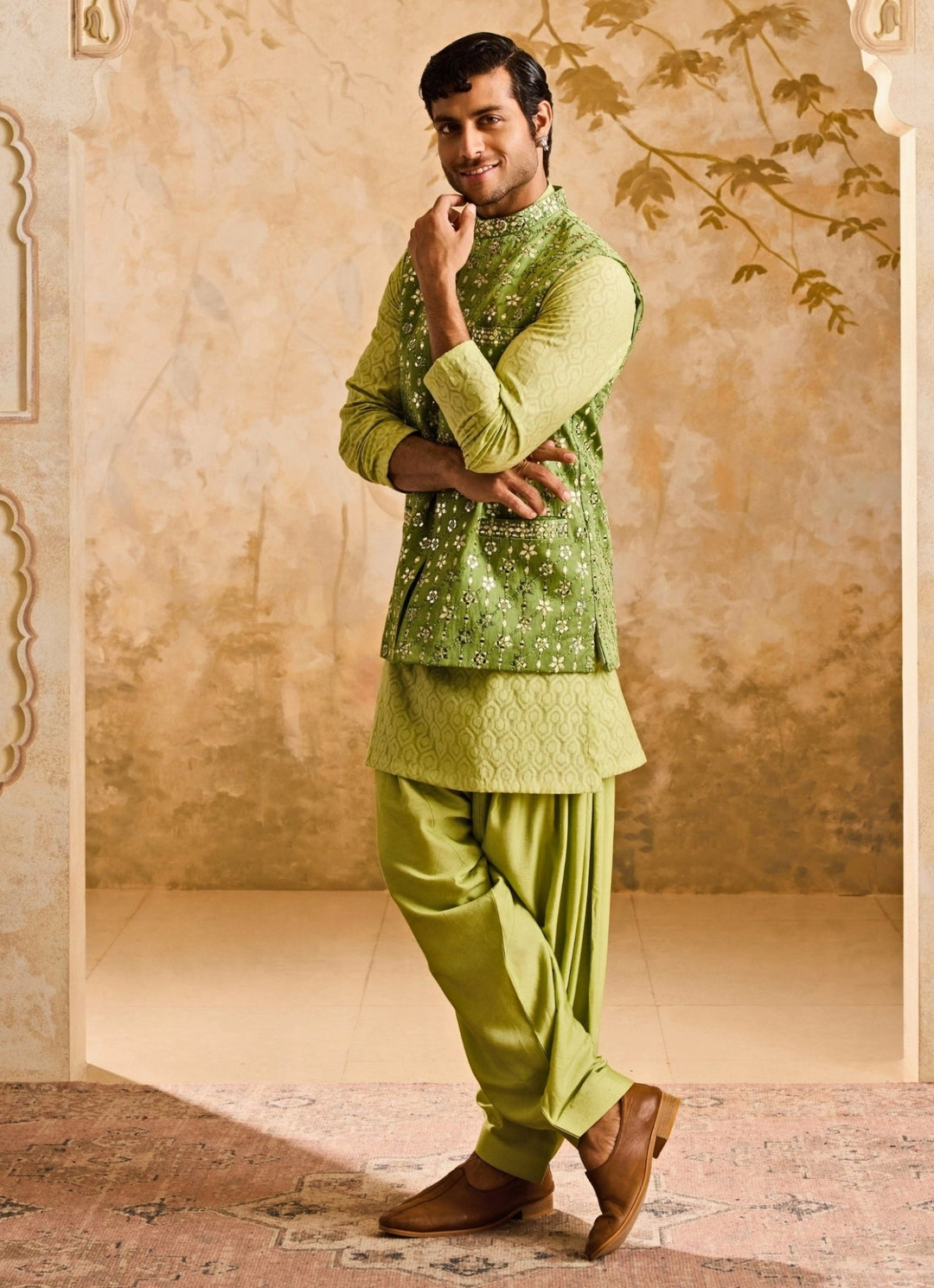 Pastel Green Raw Silk Mirror Nehru Jacket Set Nitika Gujral - Men - Fabilicious Fashion