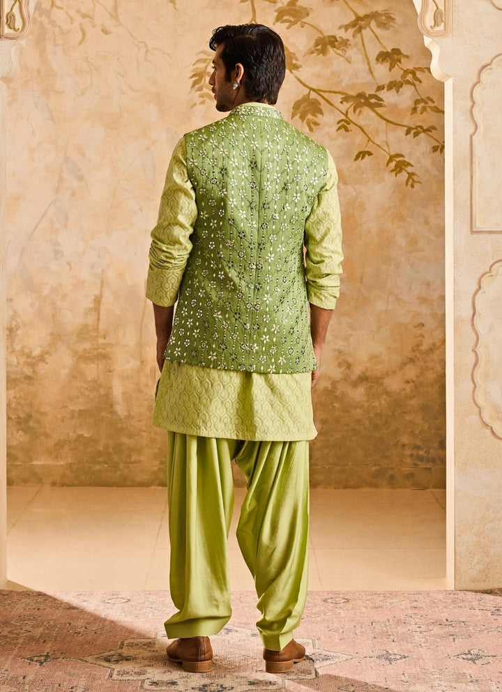 Pastel Green Raw Silk Mirror Nehru Jacket Set Nitika Gujral - Men - Fabilicious Fashion