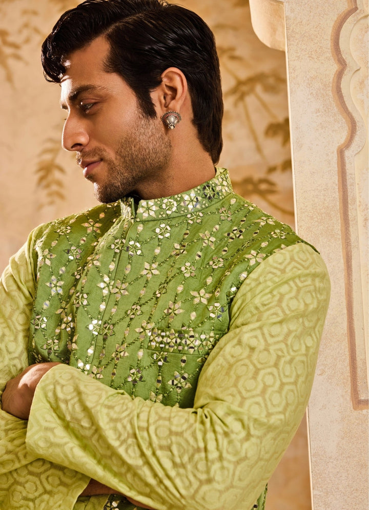 Pastel Green Raw Silk Mirror Nehru Jacket Set Nitika Gujral - Men - Fabilicious Fashion