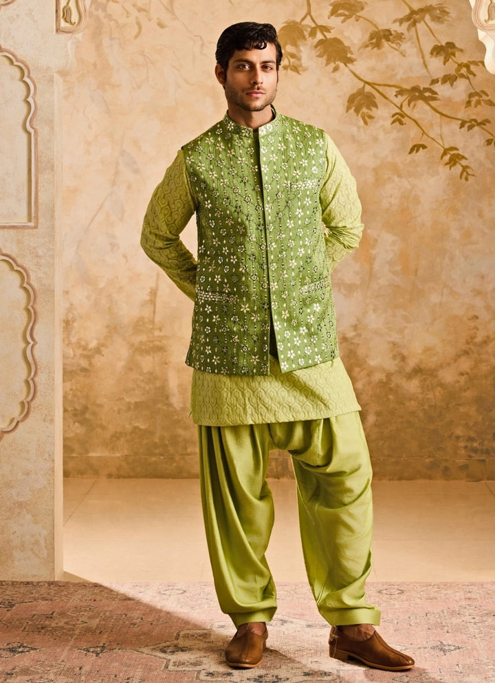 Pastel Green Raw Silk Mirror Nehru Jacket Set Nitika Gujral - Men - Fabilicious Fashion
