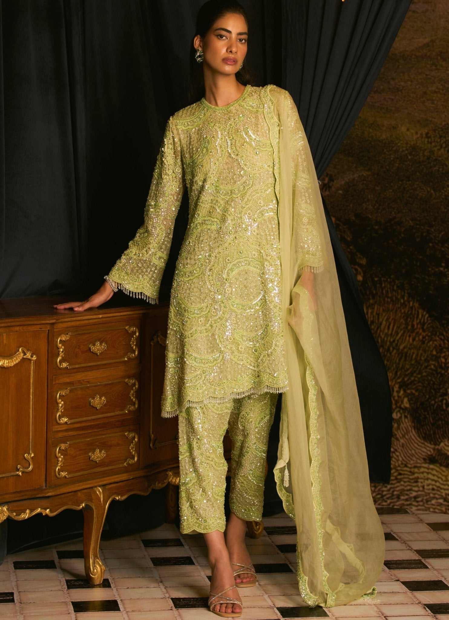 Pastel Green Sequins Embroidered Salwar Kurta Set