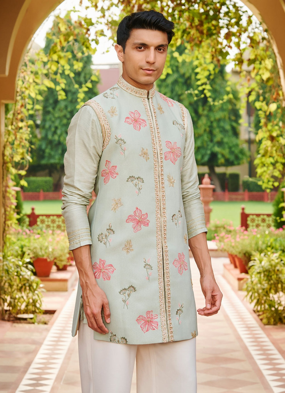 Pastel Green Silk Kurta Jacket Set Contrast By Parth - Fabilicious Fashion