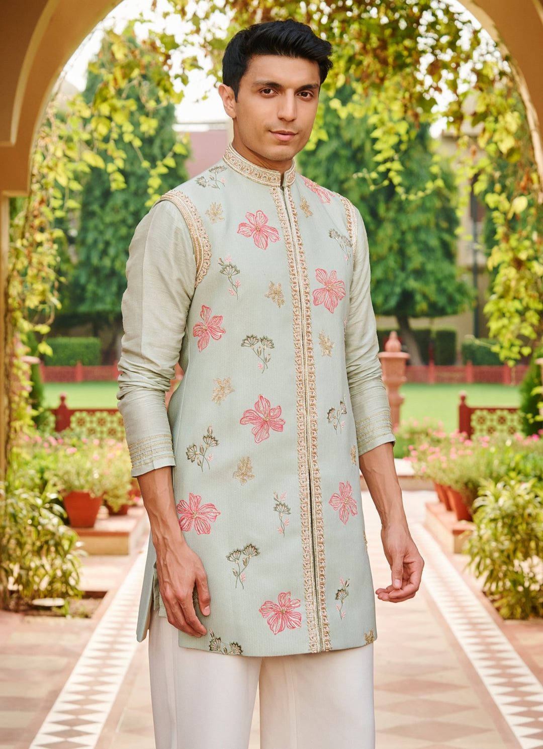 Pastel Green Silk Kurta Jacket Set Contrast By Parth - Fabilicious Fashion