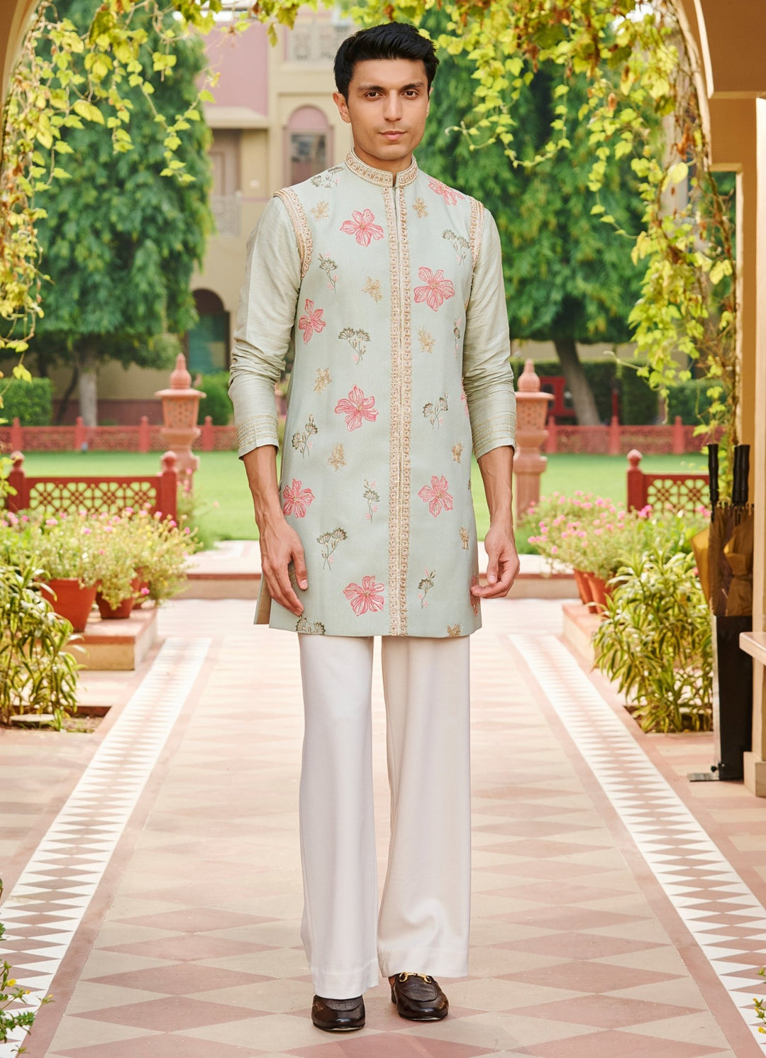 Pastel Green Silk Kurta Jacket Set Contrast By Parth - Fabilicious Fashion