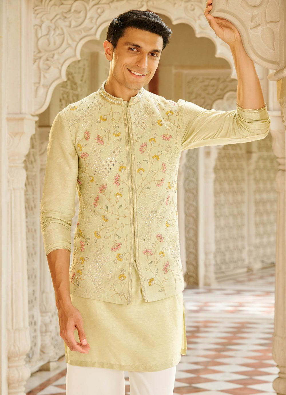 Pastel Green Silk Nehru Jacket Set Contrast By Parth - Fabilicious Fashion
