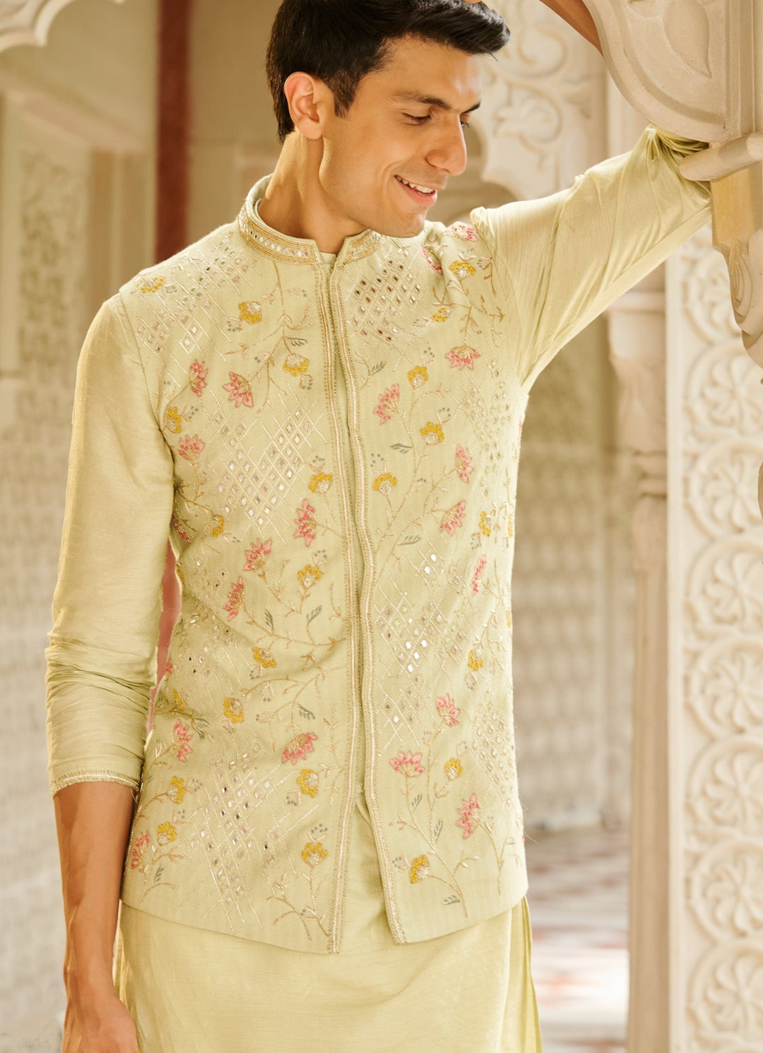 Pastel Green Silk Nehru Jacket Set Contrast By Parth - Fabilicious Fashion