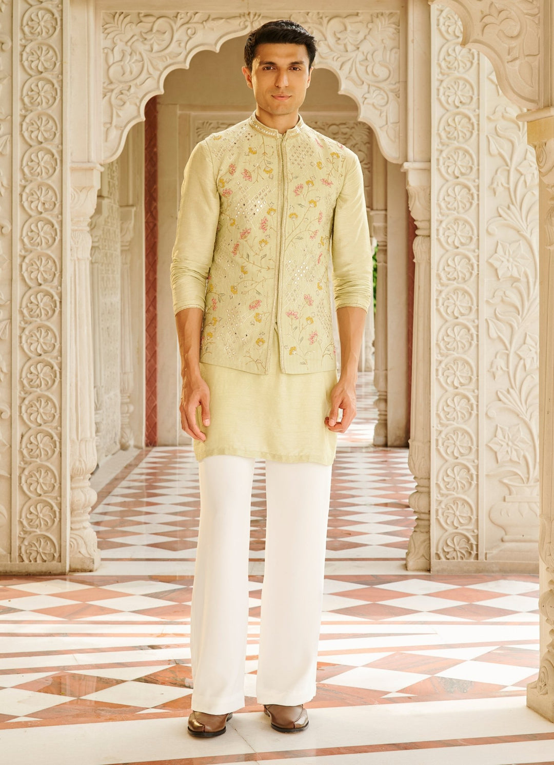 Pastel Green Silk Nehru Jacket Set Contrast By Parth - Fabilicious Fashion