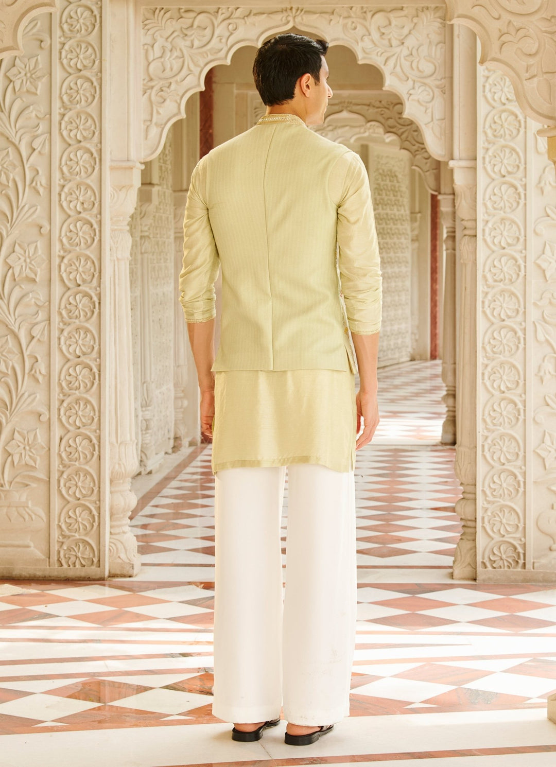 Pastel Green Silk Nehru Jacket Set Contrast By Parth - Fabilicious Fashion