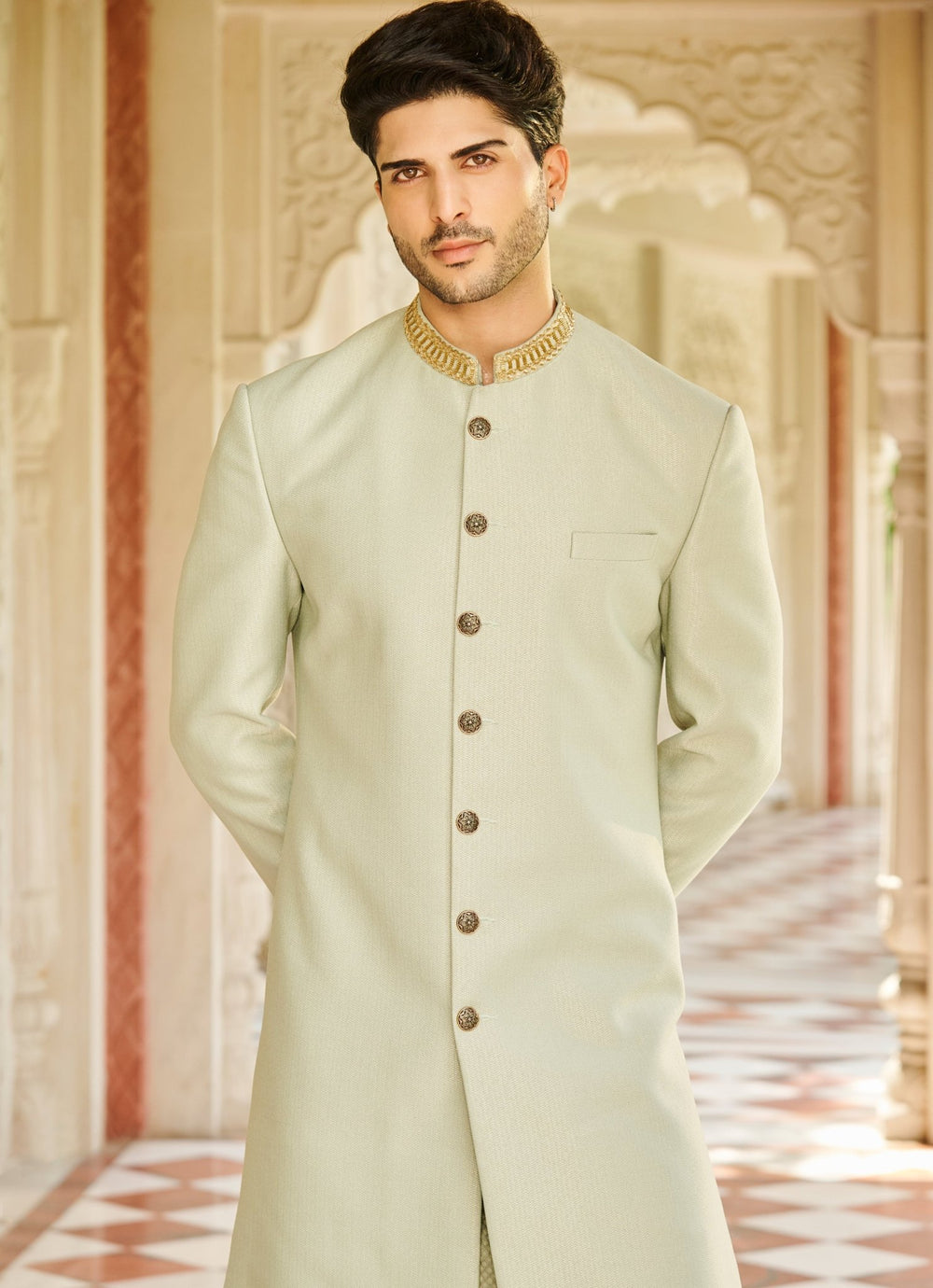 Pastel Green Silk Sherwani Set Contrast By Parth - Fabilicious Fashion