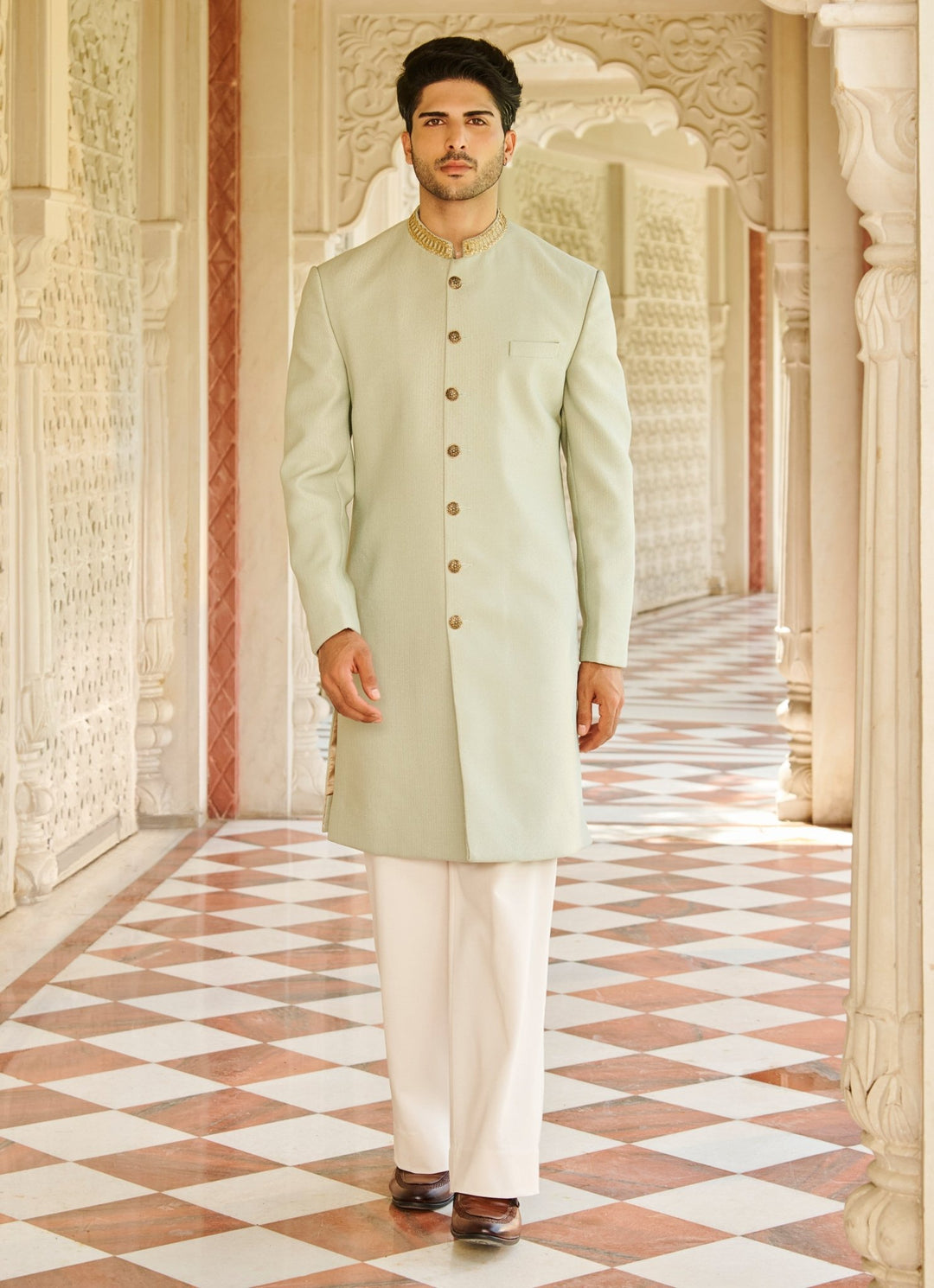 Pastel Green Silk Sherwani Set Contrast By Parth - Fabilicious Fashion