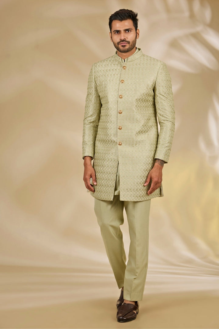 Manish Nagdeo Men Pastel Green Silk Sherwani SetFabilicious Fashion