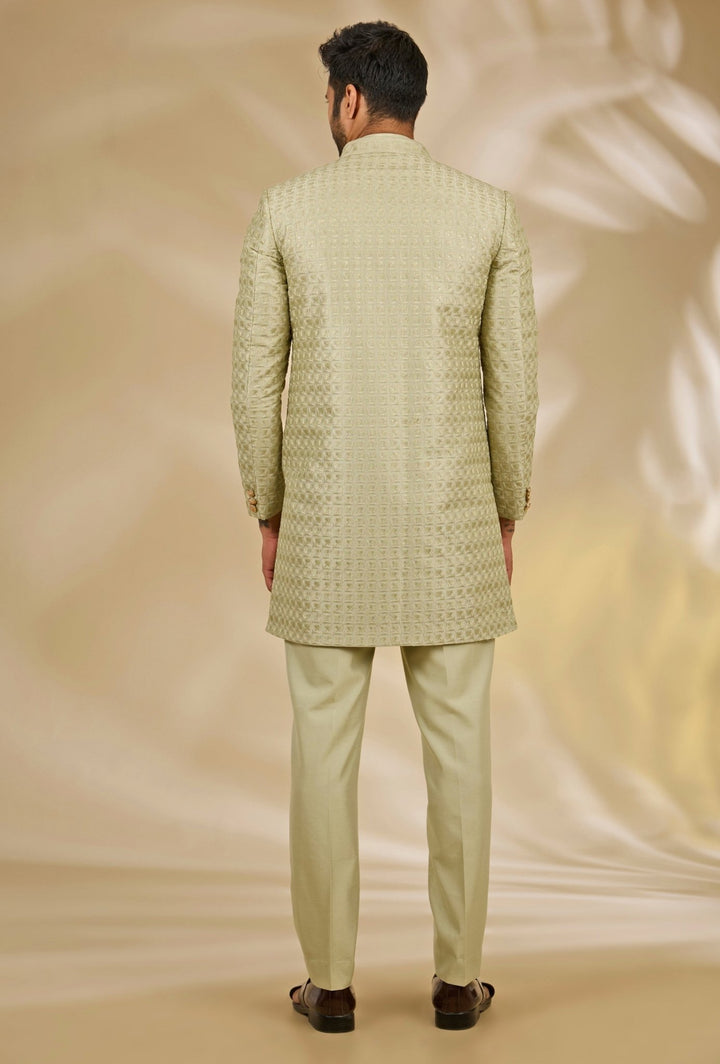 Manish Nagdeo Men Pastel Green Silk Sherwani SetFabilicious Fashion