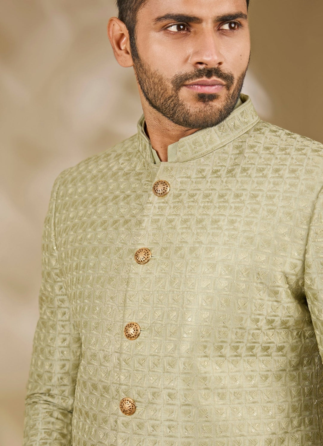 Manish Nagdeo Men Pastel Green Silk Sherwani SetFabilicious Fashion