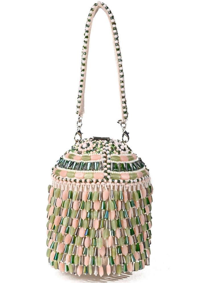 Pastel Green Suede Crystal Embellished Bucket Bag House of Kosha - Fabilicious Fashion