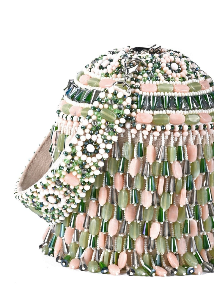 Pastel Green Suede Crystal Embellished Bucket Bag House of Kosha - Fabilicious Fashion