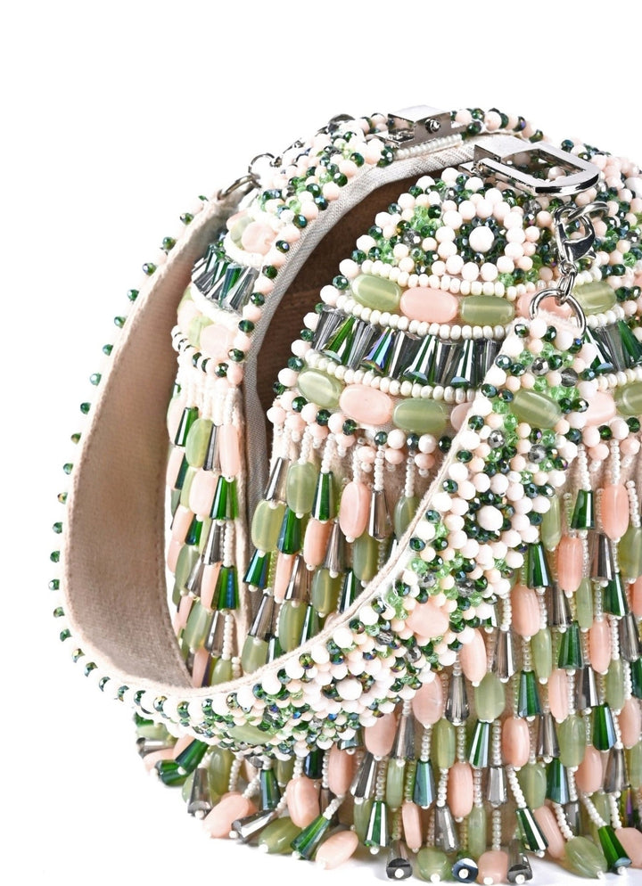 Pastel Green Suede Crystal Embellished Bucket Bag House of Kosha - Fabilicious Fashion