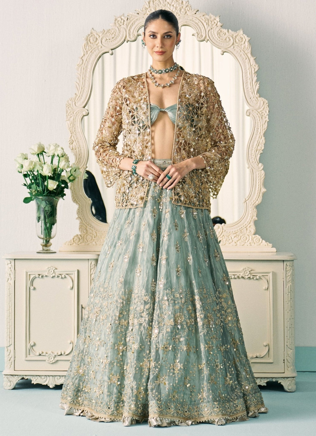 Pastel Green Tissue Lehenga Set With Jacket Sanya Gulati - Fabilicious Fashion