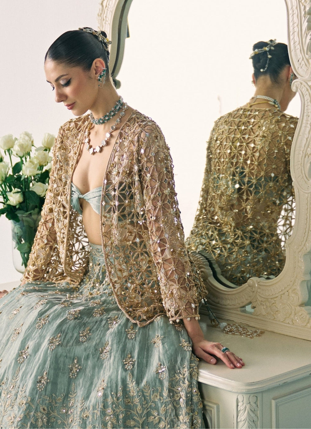 Pastel Green Tissue Lehenga Set With Jacket Sanya Gulati - Fabilicious Fashion