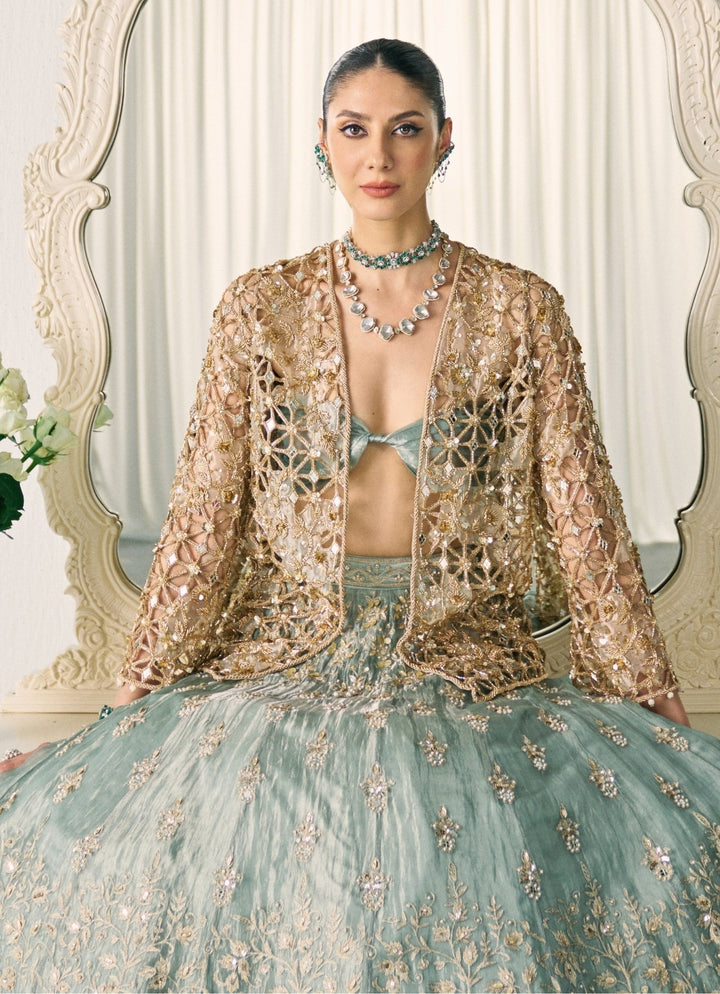 Sanya Gulati Pastel Green Tissue Lehenga Set With JacketFabilicious Fashion