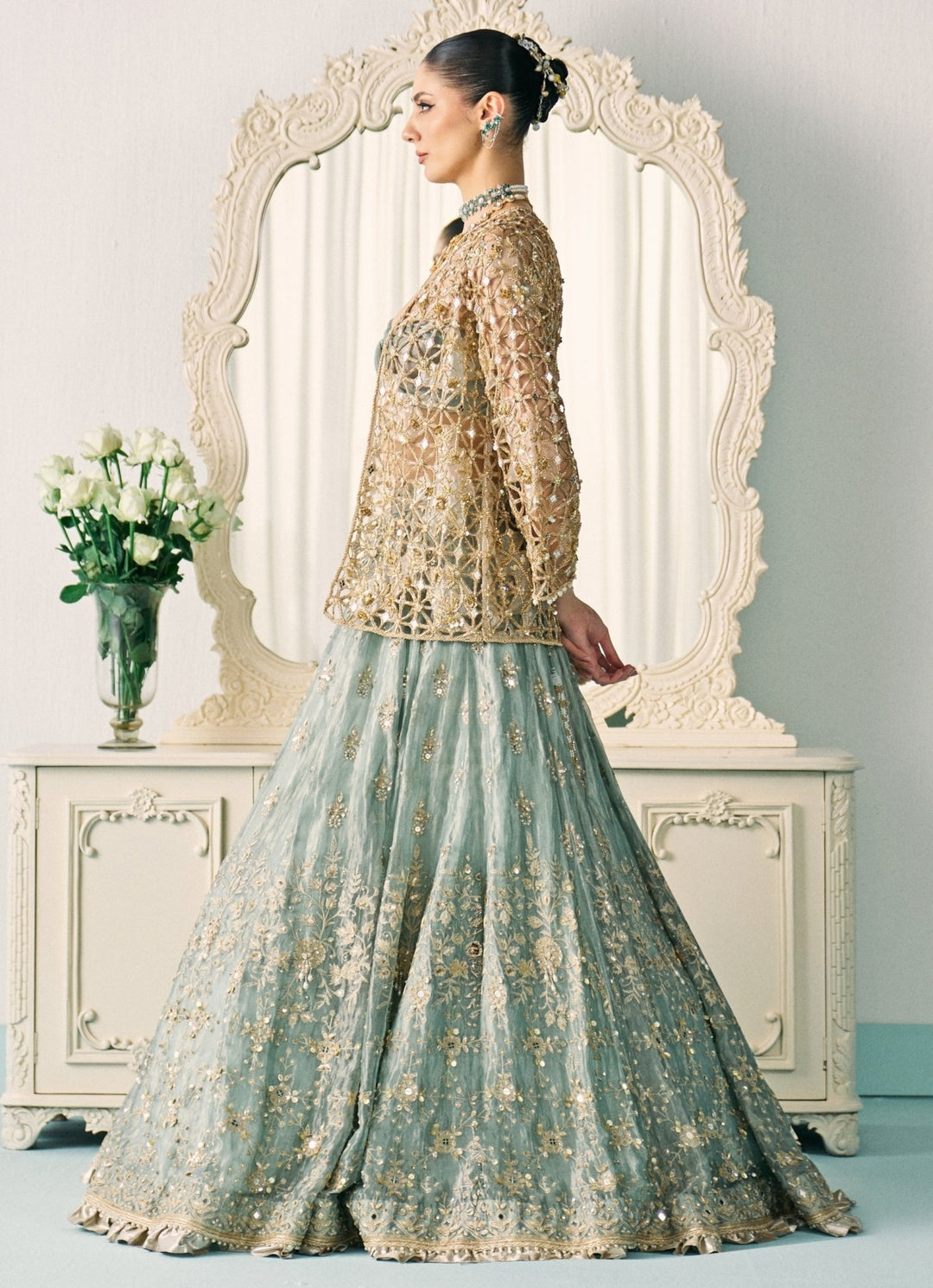 Sanya Gulati Pastel Green Tissue Lehenga Set With JacketFabilicious Fashion