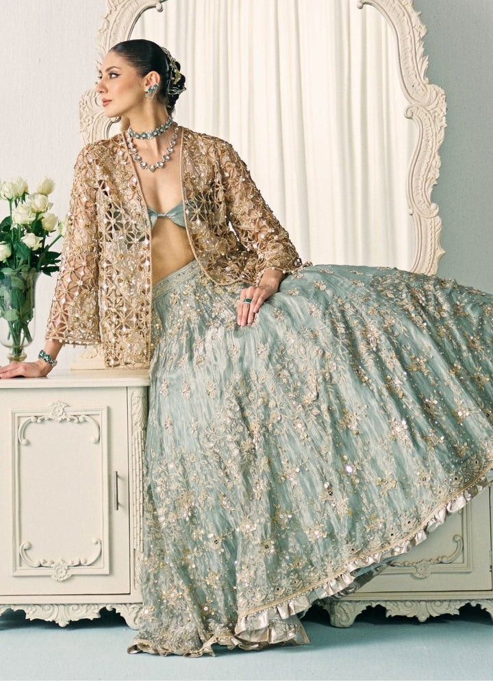 Sanya Gulati Pastel Green Tissue Lehenga Set With JacketFabilicious Fashion