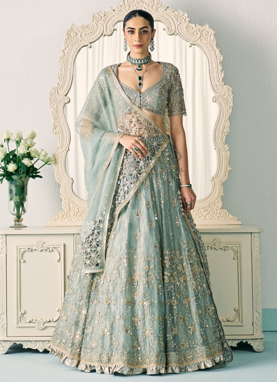 Pastel Green Tissue Lehenga Set Sanya Gulati - Fabilicious Fashion