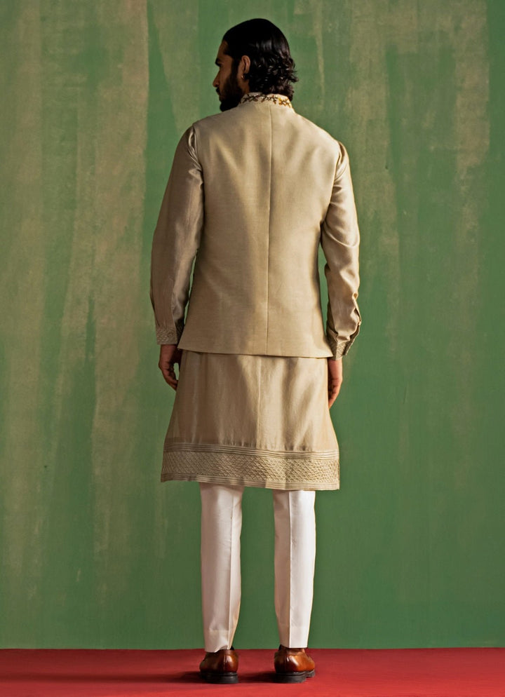 Pastel Grey Embroidered Kurta Bundi Set Studio Bagechaa - Men - Fabilicious Fashion