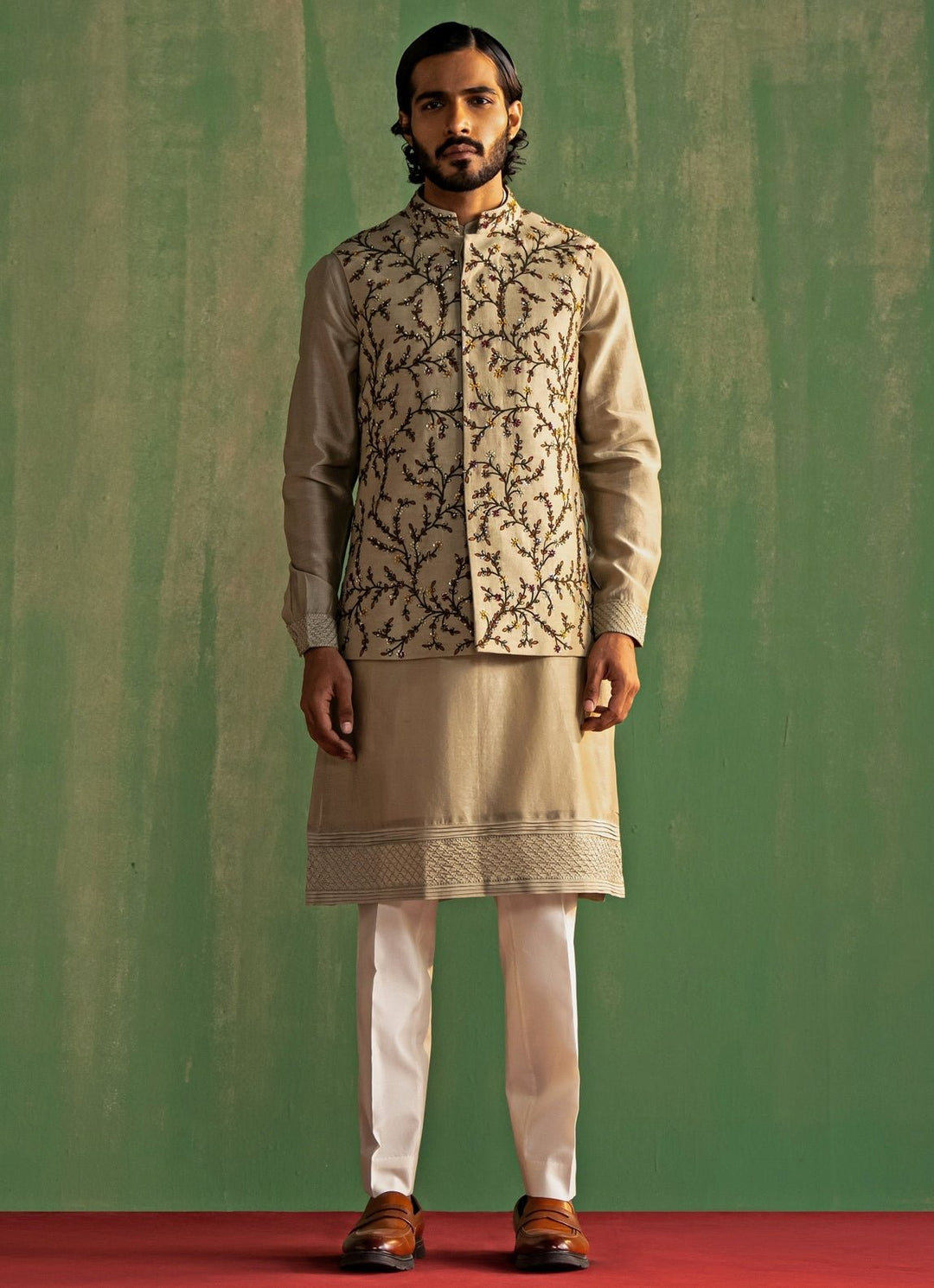 Pastel Grey Embroidered Kurta Bundi Set Studio Bagechaa - Men - Fabilicious Fashion