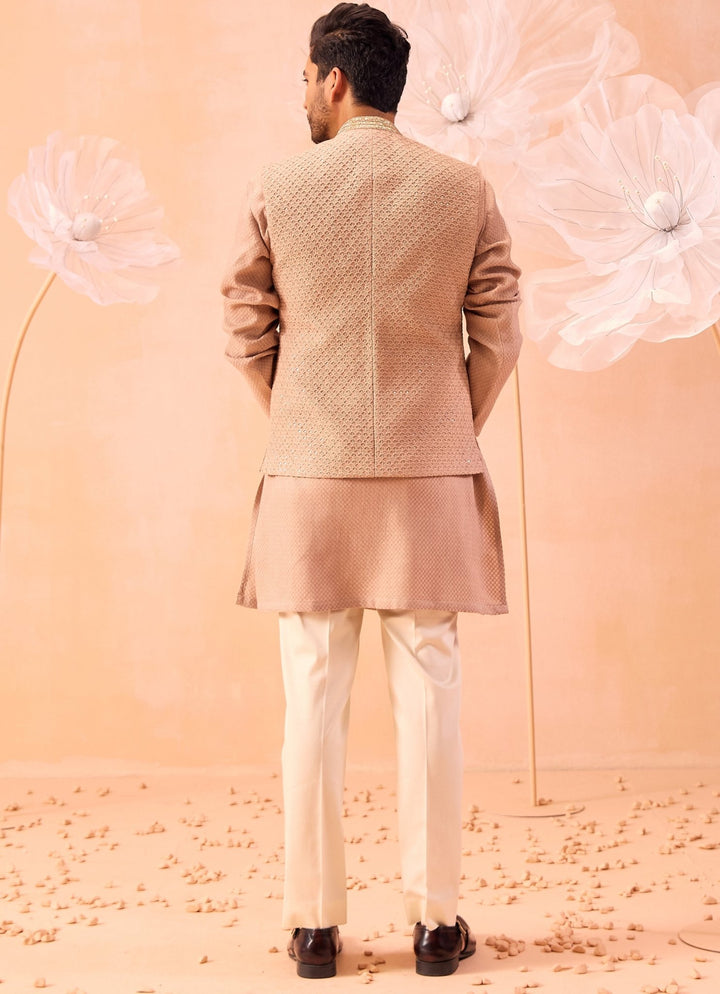Pastel Peach Embroidered Bundi Kurta Set Contrast by Parth - Fabilicious Fashion