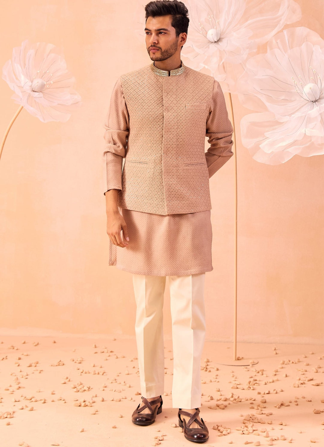 Pastel Peach Embroidered Bundi Kurta Set Contrast by Parth - Fabilicious Fashion