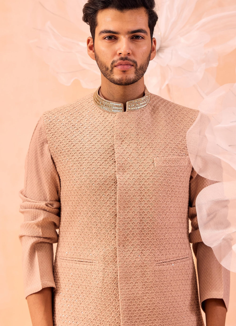 Pastel Peach Embroidered Bundi Kurta Set Contrast by Parth - Fabilicious Fashion