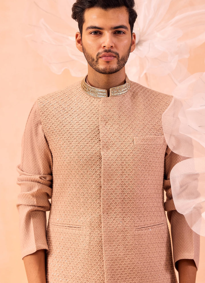 Pastel Peach Embroidered Bundi Kurta Set Contrast by Parth - Fabilicious Fashion