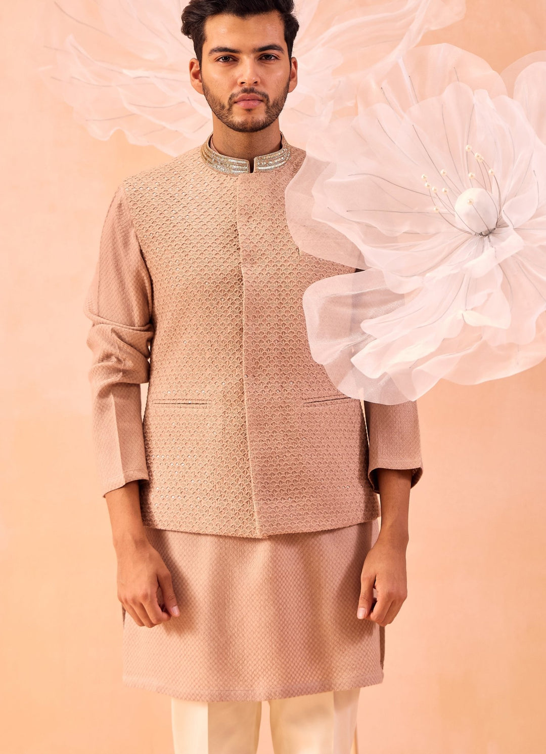 Pastel Peach Embroidered Bundi Kurta Set Contrast by Parth - Fabilicious Fashion
