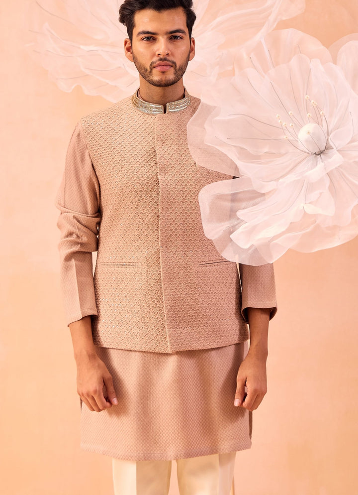 Pastel Peach Embroidered Bundi Kurta Set Contrast by Parth - Fabilicious Fashion