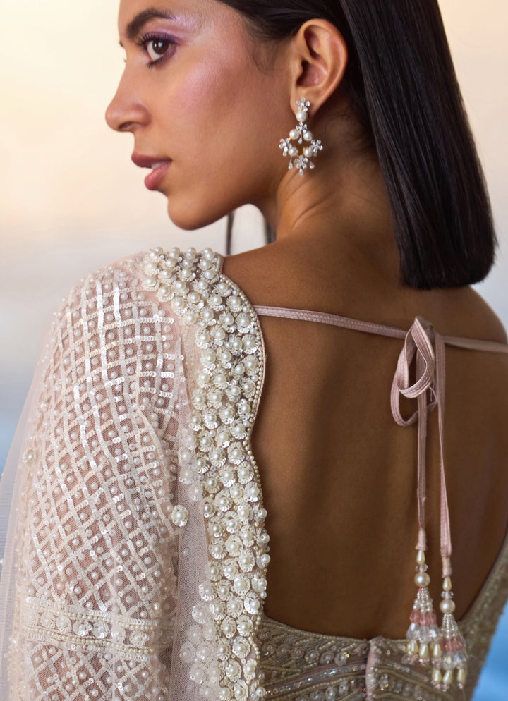 Pastel Peach Net Saree with Full Sleeve Embroidered Blouse Angad Singh - Fabilicious Fashion