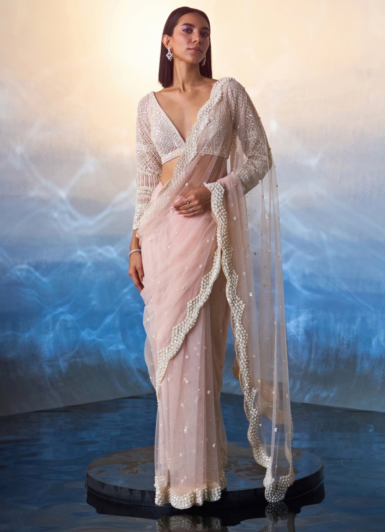Full Sleeve Blouse Long Blouse Designs For Net Sarees Pastel Peach Net Saree With Full Sleeve Embroidered Blouse Angad